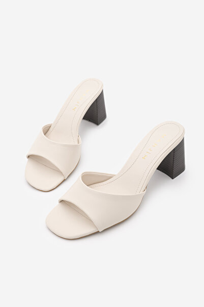 Marjin Women's Blunt Toe Thick Heeled Slippers Deyola Ecru S