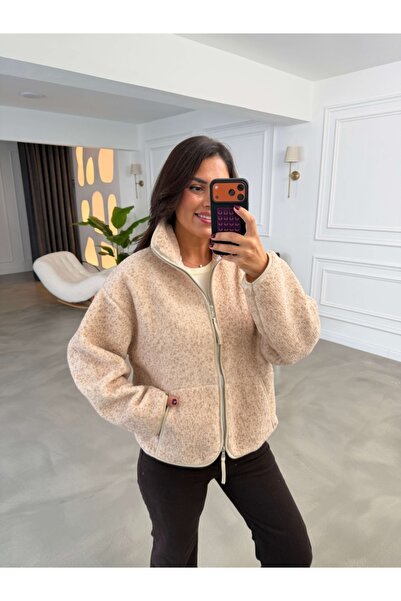Elif Özbey Butik Bej Ön Fermuarlı Peluş Sweat