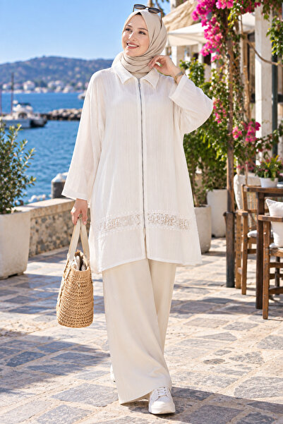 moonra collection Women's Cream Zippered Casual Long Tunic with Guipure Detail