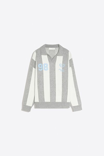Bershka Nakışlı çizgili polo yaka kazak