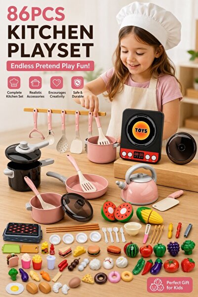 Generic 86 Pieces Plastic Pretend Kitchen Playset Sound Induction Cooker Cutt...