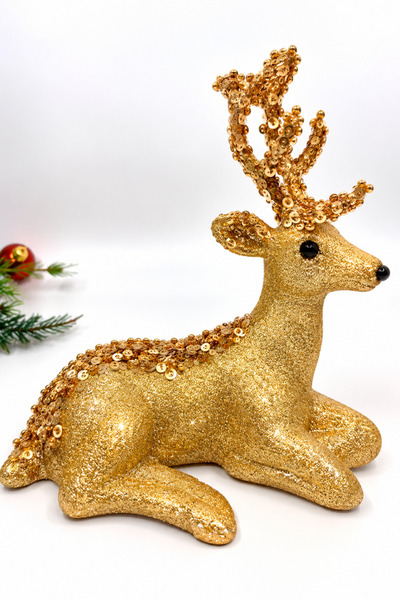 Huzur Party Store Shiny Gold Colored Sitting Elegant Deer with Glitter 20X20 ...