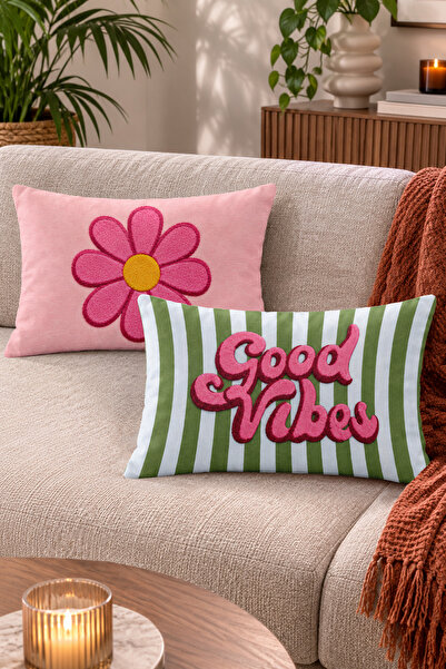 Home Good Vibes Yazılı Çiçek ve Dikey Çizgi Desenli Dekoratif Kırlent Kılıfı ...