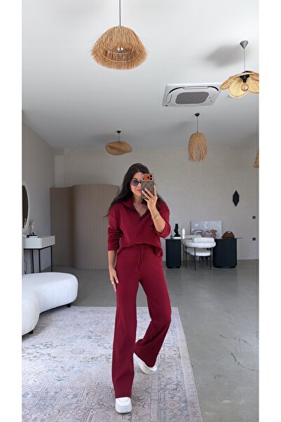 Buket Teke Set de top și pantaloni din twill, cu fermoar, de culoare burgundy