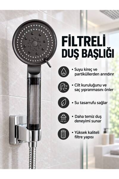ERÇELİK TİCARET Filtreli Duş Başlığı Su Arıtmalı Klor ve Kireç Önleyici Duş B...