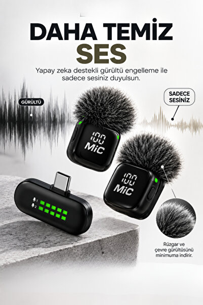 Yussraw Blic PRO++ BWC-09 Çift Kablosuz Yaka Mikrofonu Type-C, AI Gürültü Azaltma, Dijital Ekran, 6-7 Saat K