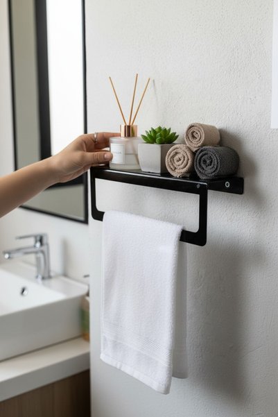 Siyah Havlu Tutacağı Raf Metal Havlu Askısı Mutfak Banyo Raflı Havluluk Modern Raflı Havluluk