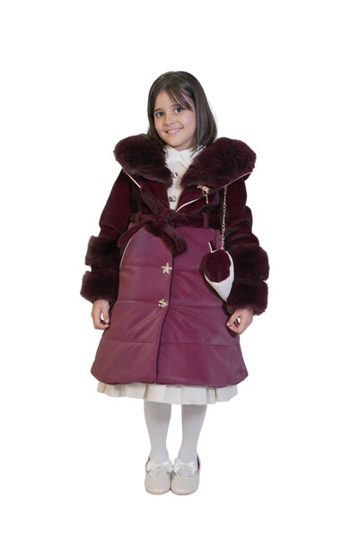 Alcantara Kürk Çocuk Tam Takım Bordo (Mont – Elbise – Çanta)