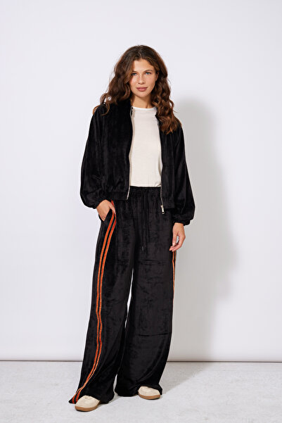 Nisan Soft Textured Pants with Contrast Strip Detail and Elastic Waist in Black