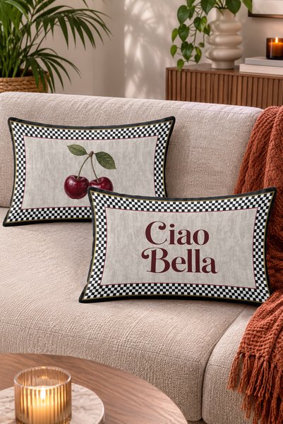 Home Ciao Bella Yazılı Kiraz Figürlü Damalı Dekoratif Kırlent Kılıfı - 2'li D...