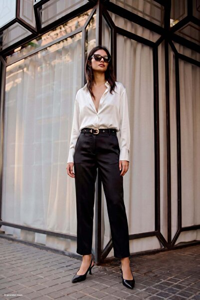 Sateen Satin Classic Trousers with Belt Detail - Black