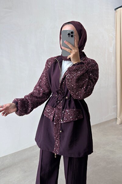 Ka Hijab Bel Büzgülü Payetli İkili Takım - Bordo