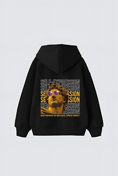 LADY HAZAL Black Unisex Self Expression Printed Hooded Oversize Patterned Fab...