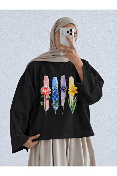 Hepsi Moda Çiçek Temalı Geniş Kol Sweat - Siyah