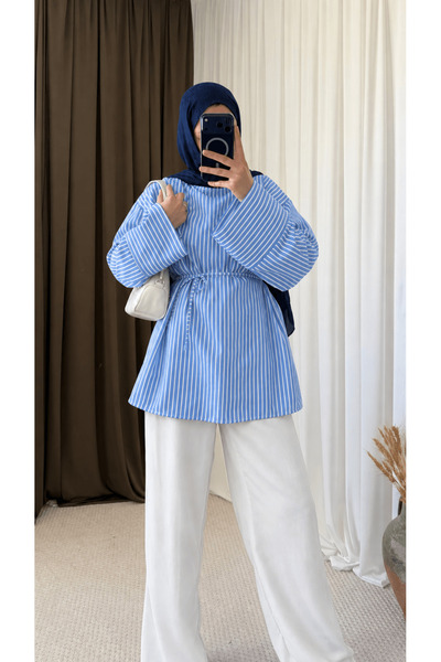 Hepsi Moda Biye Kemerli Oversize Çizgili Gömlek- Bebe Mavisi