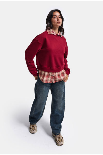 it's basic Cămașă în carouri oversize pentru femei, Burgundy w6-35, Hanorac cu design detaliat