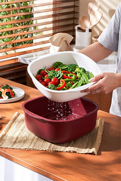 Kitchen Life 2 Parça 6 Litre Kare Çok Amaçlı Süzgeçli Kase Badya