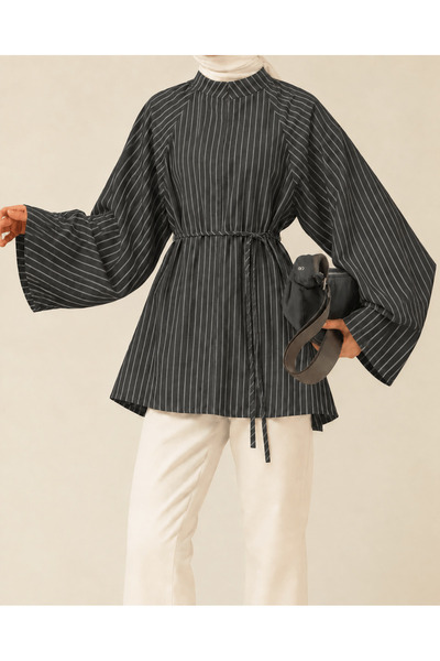 Hepsi Moda İspanyol Kol Çizgili Oversize Tunik - Siyah