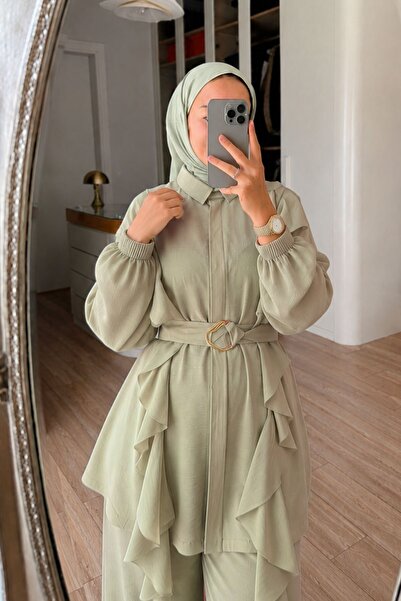 Ka Hijab Ruffle Detailed Belted Suit - Green