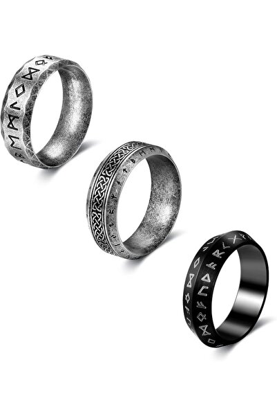 KASTWAVE 3 Pcs Stainless Steel Viking Rings for Men, Black Nordic Rune Rings,...