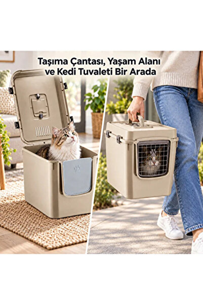 poliva home Kedi-Küçük Köpek Taşıma Çantası- Kedi Tuvaleti 2 Kapılı 57,5x39x43,5 cm Çok Amaçlı Kedi Yaşam Alanı