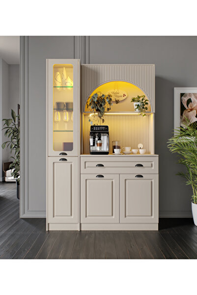 GuneyStore Siena Kum Beji Midi Sol Vitrinli 130 cm Komple MDF LED Aydınlatmal...