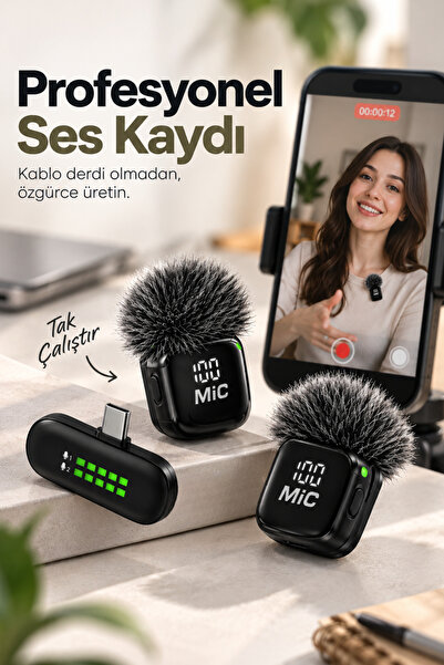 Yussraw Blic PRO++ BWC-09 Çift Kablosuz Yaka Mikrofonu Type-C, AI Gürültü Azaltma, Dijital Ekran, 6-7 Saat K