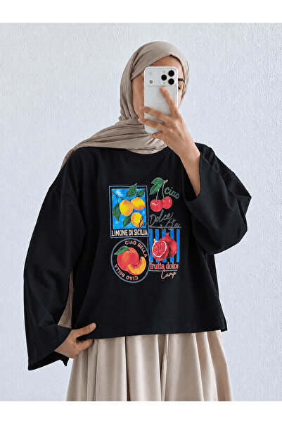 Hepsi Moda Meyve Temalı Geniş Kol Sweat - Siyah