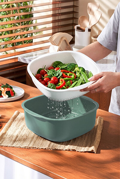 Kitchen Life 2 Pieces 6 Liter Square Multi-Purpose Bowl with Strainer Basin