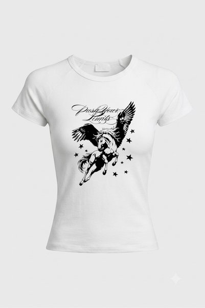 Grafftee Clothing Women's White Printed Fitted Baby Tee Short Sleeve Cotton S...