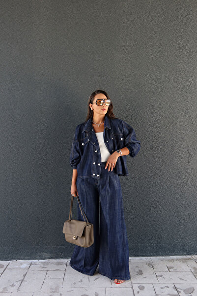 Özge Özgenç Pantaloni din denim cu pliuri și picior larg