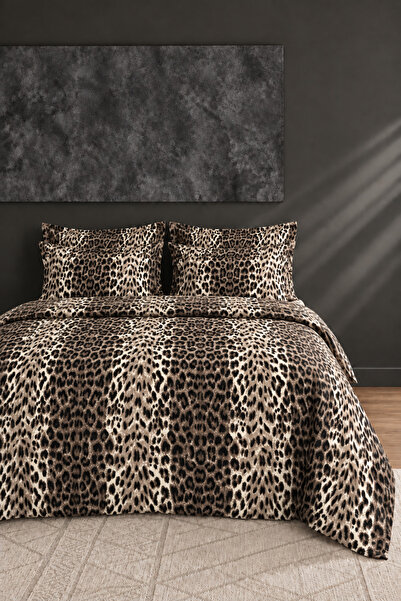Leopar %100 Pamuk Çift kişilik Lastikli Çarşaflı Nevresim Takımı 200x220 Leopar Desen İlik Düğmeli