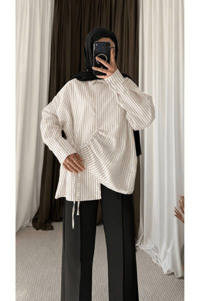 Hepsi Moda Yandan Büzgülü Boyfriend Gömlek Hpm - Vizon