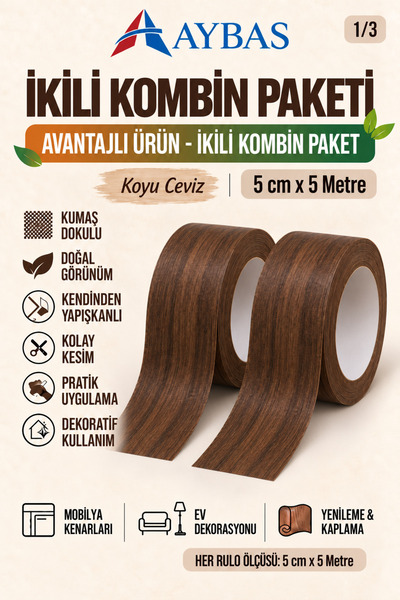 Aybas 5 cm x 5 Metre 2'li Koyu Ceviz Kendinden Yapışkanlı Ahşap Desenli Kumaş...