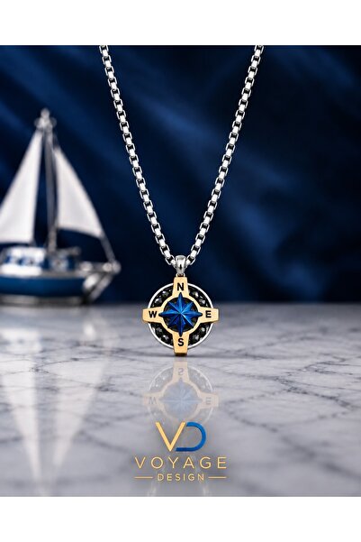 voyageaccessory قلادة بوصلة من الفولاذ المقاوم للصدأ باللون الأصفر والأزرق ال...