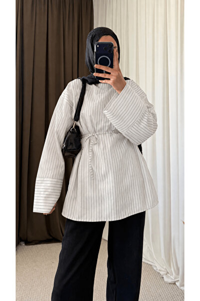 Hepsi Moda Biye Kemerli Oversize Çizgili Gömlek - Beyaz