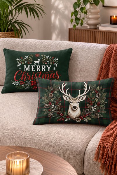 Home Merry Christmas Yazılı Geyik Figürlü Noel Temalı Dekoratif Kırlent Kılıf...