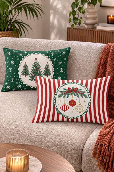 Home Yılbaşı Ağacı ve Süsleri Desenli Noel Temalı Dekoratif Kırlent Kılıfı - ...