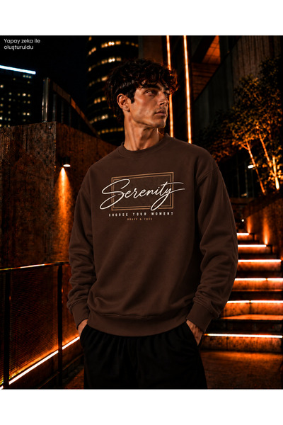caddekombin Men's Serenity Written and Tan Frame Detailed Crew Neck Casual Re...