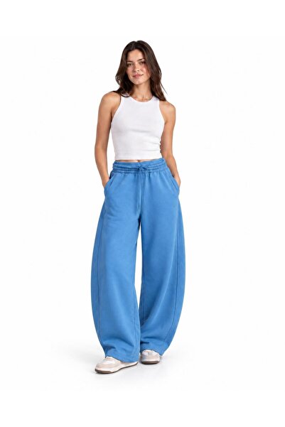 TENA Women's Blue Stitching Detailed Three-Thread Baggy Sweatpants