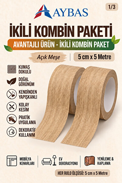 Aybas 5 cm x 5 Metre 2'li Açık Meşe Kendinden Yapışkanlı Ahşap Desenli Kumaş ...