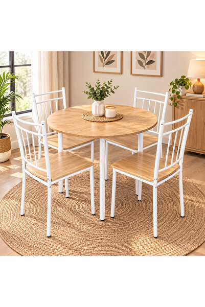 The Living Modern Round Dining Table Set with 4 Wood & Metal Chairs | Contemp...