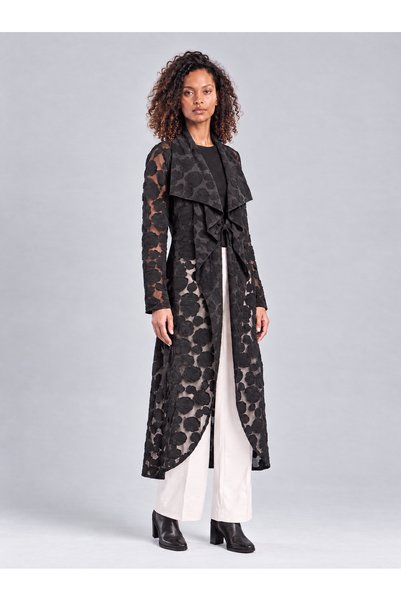 Bold & Young Women's Rose Patterned Waist Drawstring Wool Blend Long Cardigan Black Jacket
