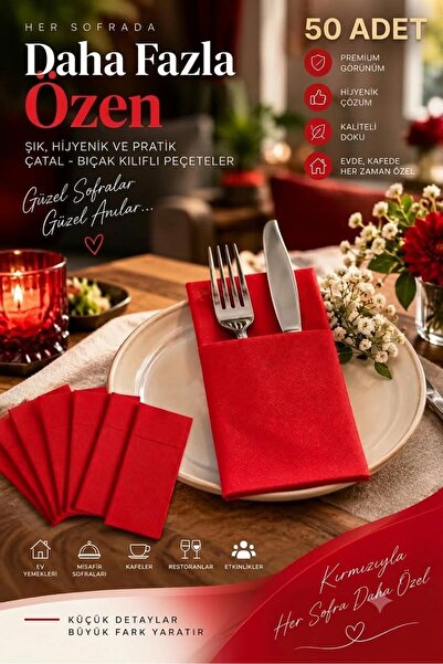 TURCOPACK 50'li Kırmızı Cepli Peçete 40x40 cm - Kumaş Hisli Premium Peçete