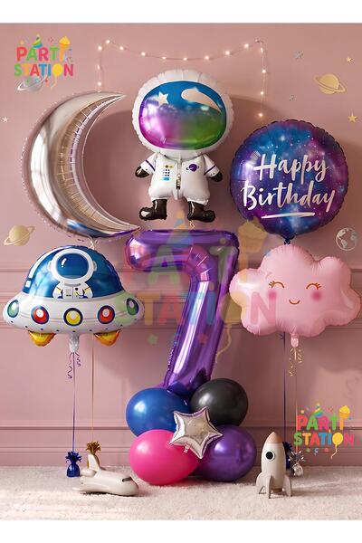 Parti Station Pink Purple Girl's Space Astronaut Concept 1-Year-Old Balloon S...