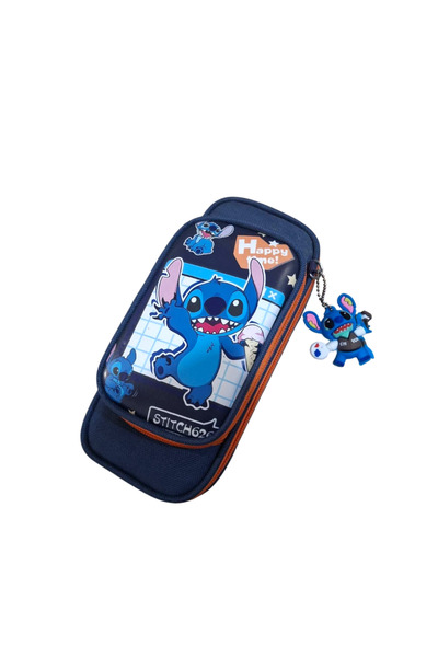 Stitch Κασετίνα δύο θέσεων σε σκούρο μπλε χρώμα με μπρελόκ στο πλάι