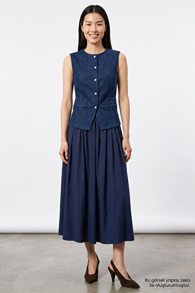 Exquise Denim Garnished Zippered Regular Midi Dress
