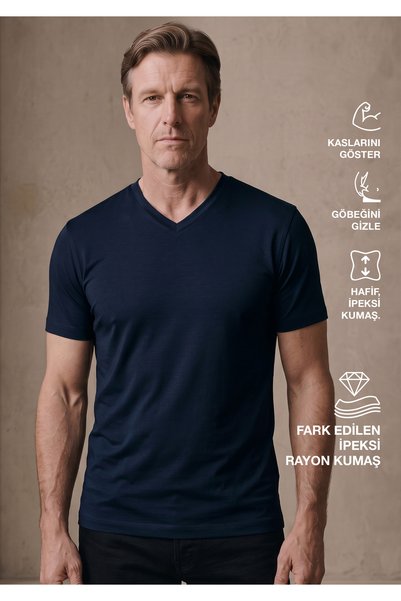 simpleQloth Cappadocia V2 |   Fluid Brushed Rayon Fabric - V-Neck - Qsimple Muscle Fit Hide Belly Tshirt - Dark Navy