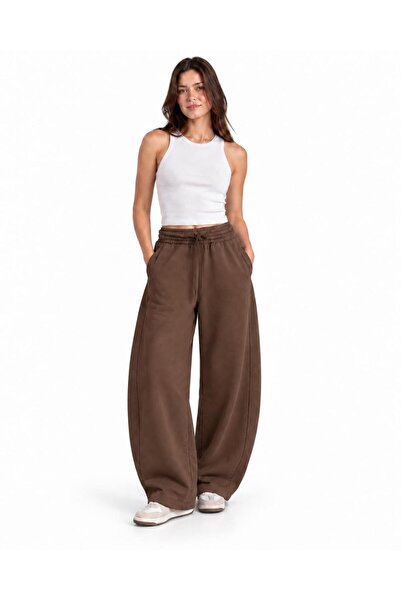 TENA Women's Brown Stitching Detailed Three-Thread Baggy Sweatpants
