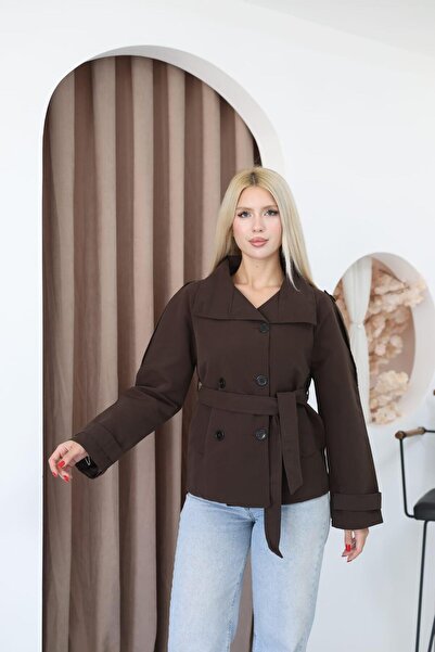 Moda Palmiss Dik Yaka Arka Rüzgarlık Detaylı Astarlı Kadın Trençkot Ceket Trenç